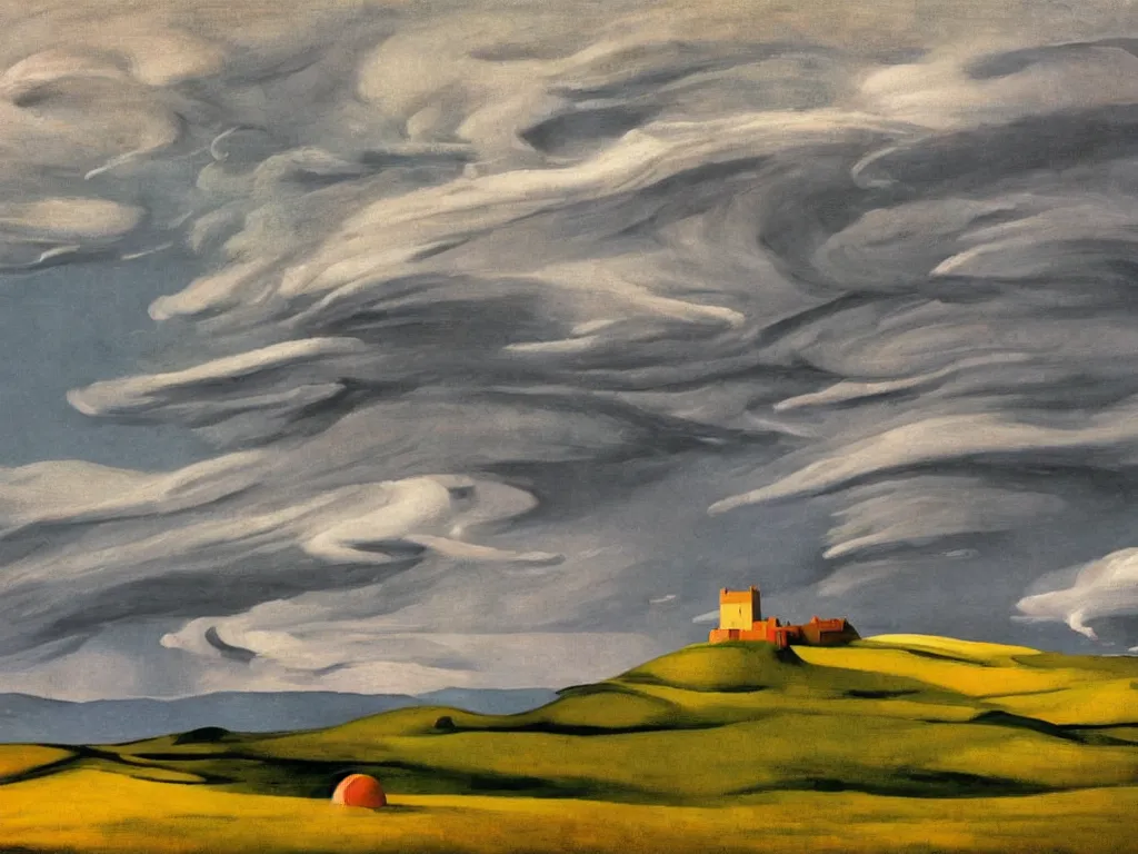 Image similar to dramatic landscape of donegal ireland after the storm, mammatus clouds and lenticular clouds, by edward hopper and giorgio de chirico