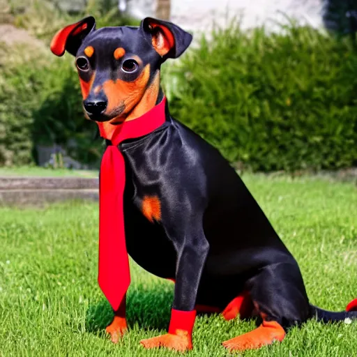 Image similar to pinscher wearing a black tuxedo and a red tie