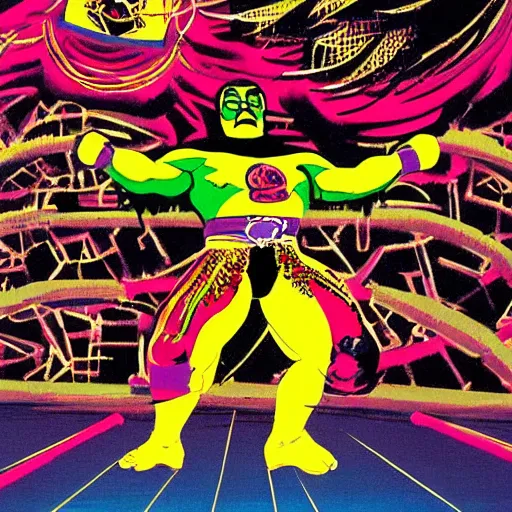 Prompt: a luchador posing on a turnbuckle, Mexican wrestler, digital painting, masterpiece, work of art, intricate detail, meticulous brush strokes, WW2 aesthetic, 1970s, funky, gorgeous, beautiful, stunning, funny, strange, by Frank Miller, by Hayao Miyazaki, by Takashi Murakami, by Frank Frazetta, by Junji Ito, by Rembrandt, by Walt Disney