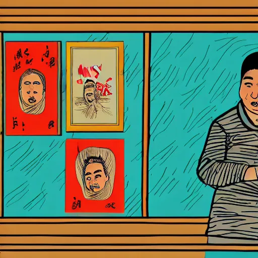 Image similar to uyghur Uighur in a prison behind bars, organ harvesting, in the style of daniel johnston and outsider art, 8k, line brush, overlaid with chinese adverts