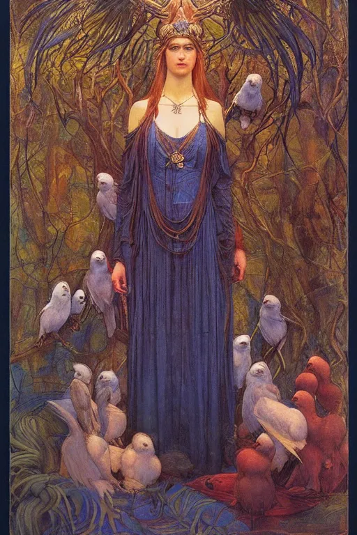 Prompt: the queen of the forest with her birds, by Annie Swynnerton and jean delville and Nicholas Roerich, elaborately costumed, rich color, dramatic cinematic lighting, smooth, sharp focus, extremely detailed, featured on artstation