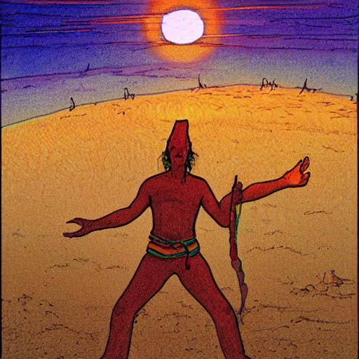 Prompt: sunset in a desert, shaman doing a ritual, energy streams, magic, drawing by moebius