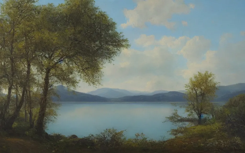 Image similar to a painting of the most beautiful lake in the spring morning, by vilhelms purvitis, oil on canvas