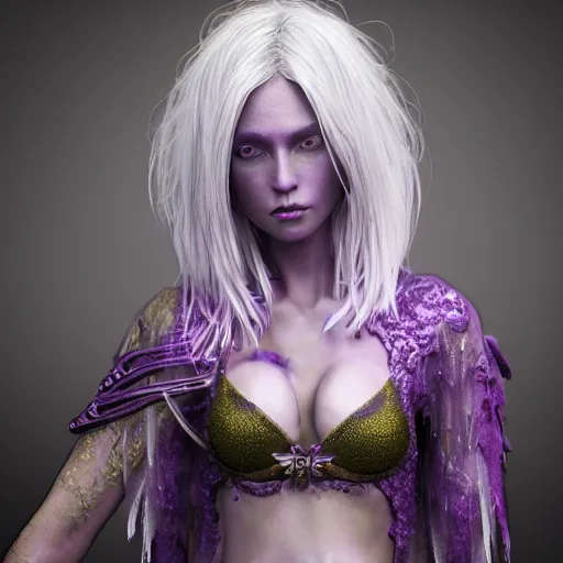 Image similar to “ purple warlock, victoria's secret model white hair, full body, highly detailed, photo realistic, dark fantasy atmosphere, froggy, 8 k, octane render, unreal engine ”