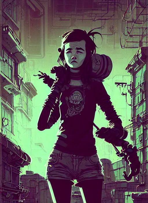 Image similar to highly detailed portrait of a sewer punk young lady by atey ghailan, james gilleard, by joe fenton, by greg rutkowski, by greg tocchini, by kaethe butcher, 4 k resolution, gradient yellow, black, brown and cyan color scheme, grunge aesthetic!!! ( ( dystopian graffiti tag wall in background ) )