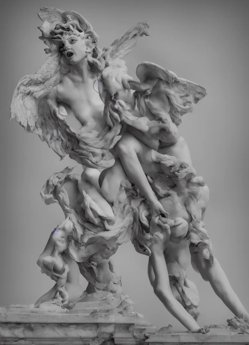 Image similar to a harpy devouring flesh, big teeth, marble statue, fog, glamour, fashion, vogue photoshoot, hard light