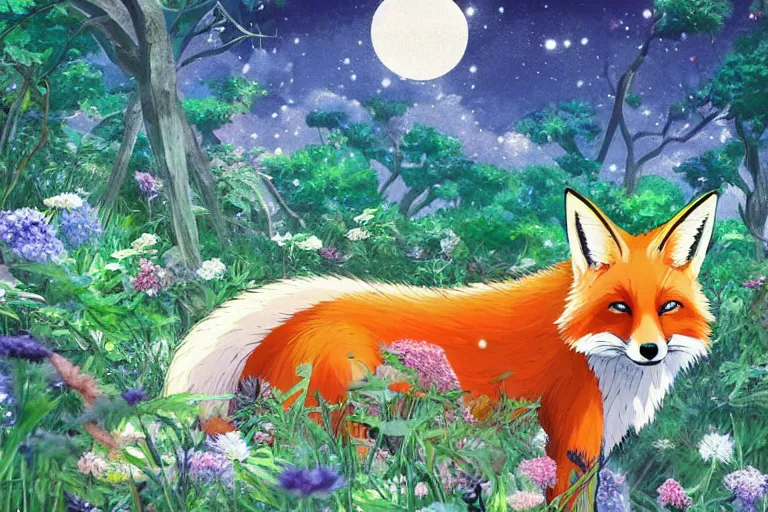 Prompt: a beautiful fox in the forest covered in flowers, sunlight beaming down, studio ghibli style, soft fur, two pointed ears, long tail, high octane filter, beautiful lighting, wildlife, feral, detailed anime artwork