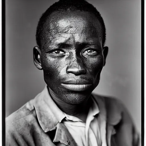 Image similar to black and white photo, portrait of Congo mineworker by richard avedon, realistic, Leica, medium format, cinematic lighting, parallax, high resolution,