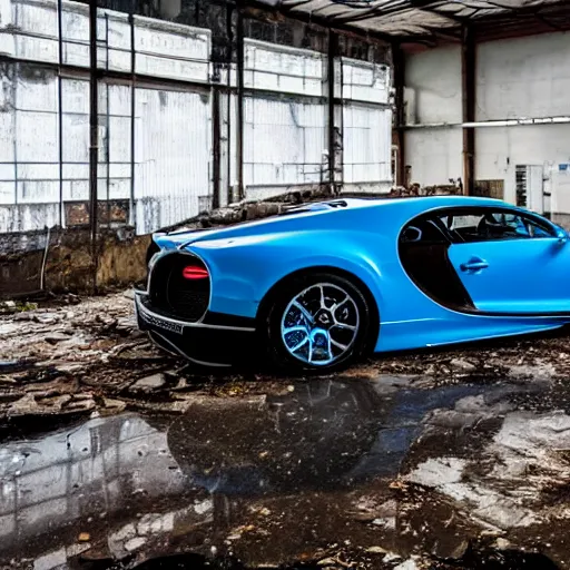 Image similar to an abandoned, derelict, ( really rusty ) bugatti chiron in a dirty warehouse