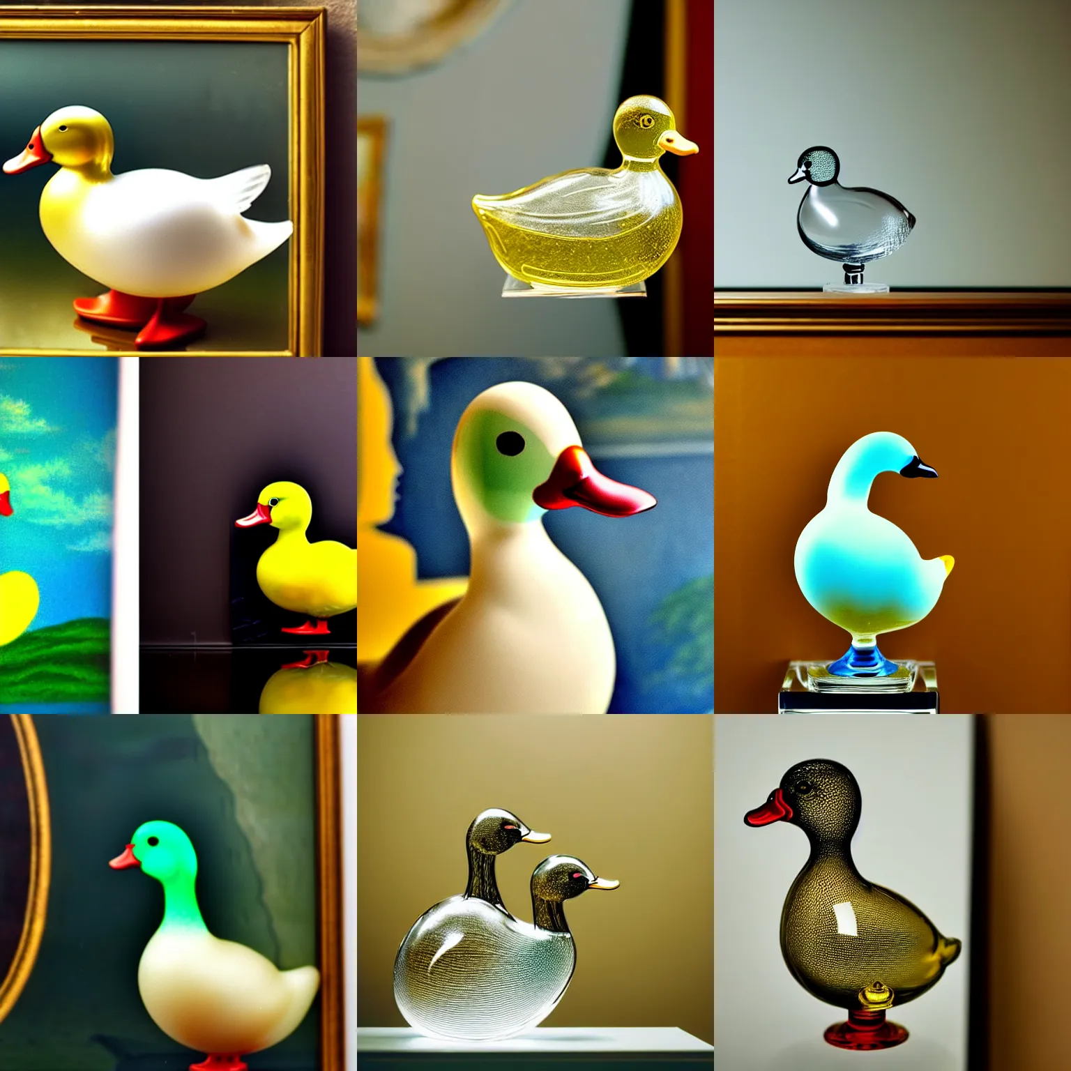 Prompt: a close up photo of a transparent clear [ vintage italian art glass duck in front of a painting ] [ not opaque ] [ clear duck ]