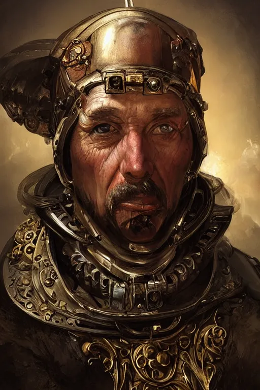 Image similar to portrait, headshot, digital painting, of a old 17th century, old cyborg merchant, amber jewels, baroque, ornate clothing, scifi, futuristic, realistic, hyperdetailed, chiaroscuro, concept art, art by Waterhouse