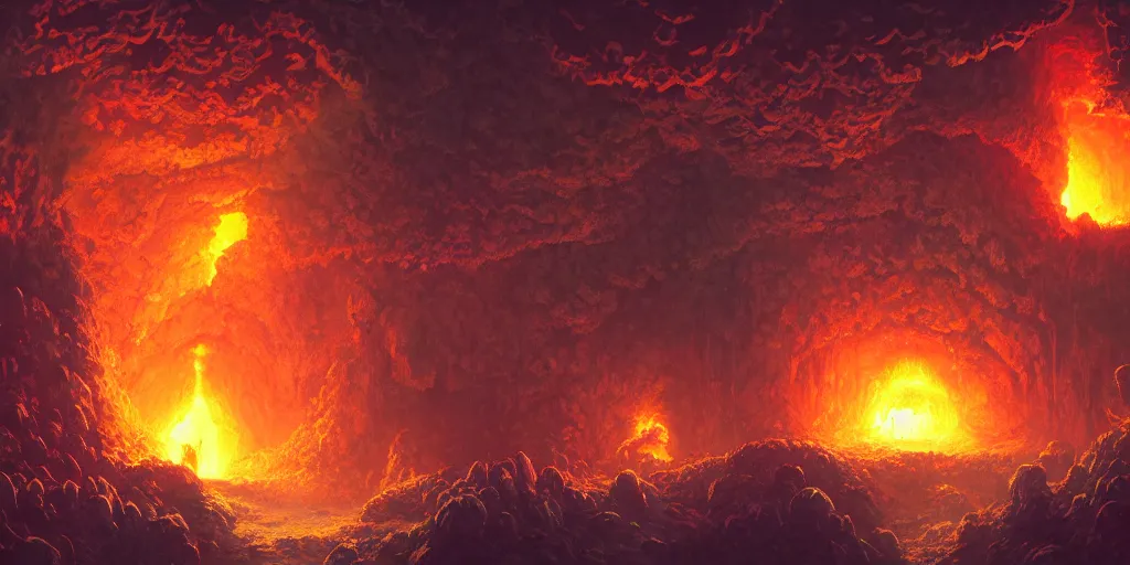 Prompt: Terraria game underworld caverns, flowing lava and ash piles, caves, cozy wallpaper, 4k, trending on Artstation, pixel art, award-winning, art by Greg Rutkowski