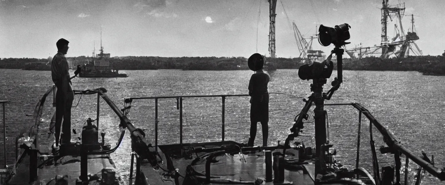 Image similar to detailed sharp photograph in the style of popular science circa 1 9 5 5 and gregory crewdson of a sailor standing on the bridge of a ship look through binoculars