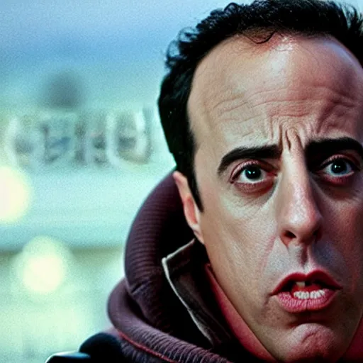 Image similar to Jerry Seinfeld as a cyborg, extremely realistic, movie still