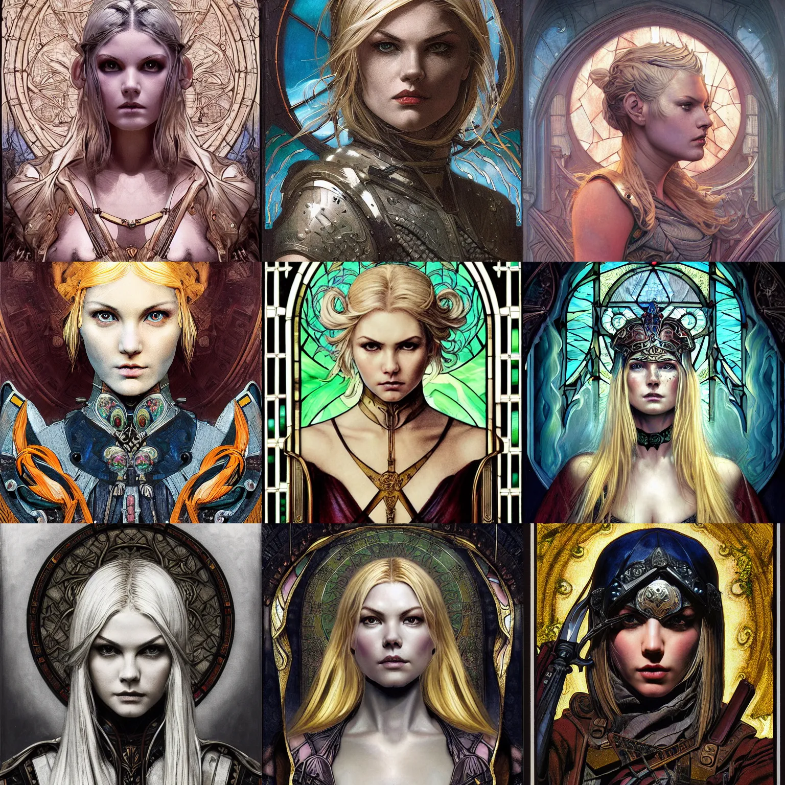 Prompt: masterpiece head-on symmetrical centered portrait, Elisha Cuthbert as a RPG warrior, fully armoured, blonde hair, complex stained glass art nouveau, Gloomhaven, gothic, victorian, elegant, dramatic, high quality, in the style of Edgar Maxence and Ross Tran and Zdzisław Beksiński and Gustave Doré and Michael Whelan and H.R. Giger and Ian Miller and Mucha, specular highlights, 8k
