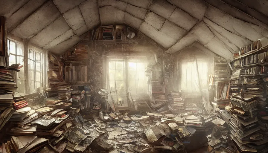 Image similar to Attic of a abandoned house with lot of cobwebs, old books and old wallets, hyperdetailed, artstation, cgsociety, 8k