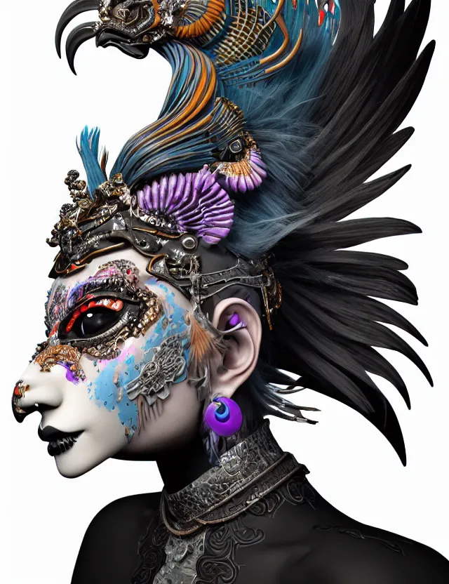 Image similar to 3 d goddess close - up profile portrait punk with mohawk with ram skull. beautiful intricately detailed japanese crow kitsune mask and clasical japanese kimono. betta fish, jellyfish phoenix, bio luminescent, plasma, ice, water, wind, creature, artwork by tooth wu and wlop and beeple and greg rutkowski