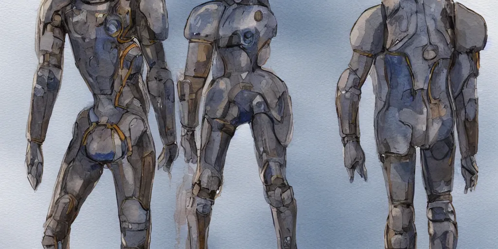 Image similar to female, full body, wide shot, modern space suit, intriguing helmet, stylized character design, the expanse tv series, large shoulders, short torso, long thin legs, tiny feet, science fiction, hyperdetailed, technical suit, dieselpunk, watercolor digital painting, in the style of bruce timm, by alex maleev