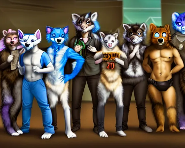 Image similar to high - resolution photograph from a nanopunk era furry fandom convention ( midwest furfest 2 0 4 7 ), taking place after the genetic revolution and singularity. photorealistic.