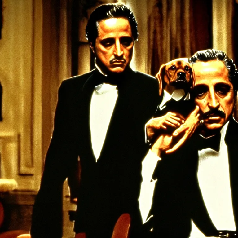 Image similar to cinematic scene screen cap from the godfather with an anthropomorphic dog in a suit