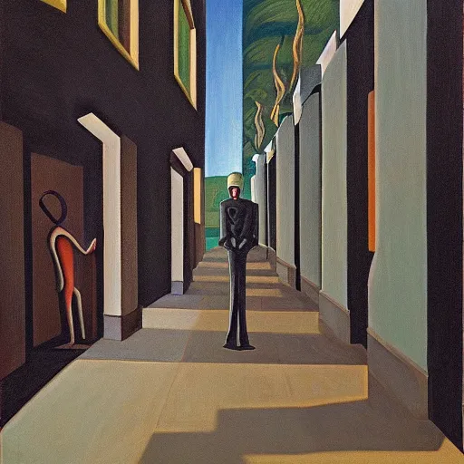 Prompt: slenderman, lurking in the shadows, mind control, dystopian, pj crook, edward hopper, oil on canvas