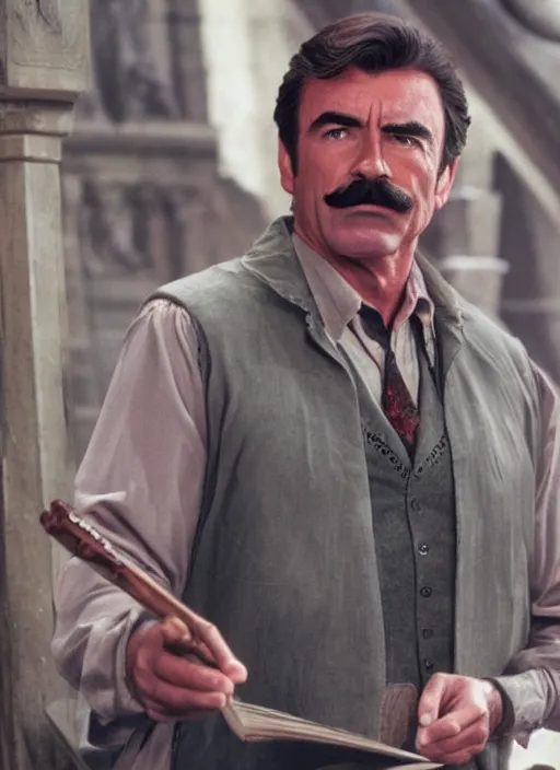 Image similar to film still of tom selleck as harry potter in harry potter, 4 k