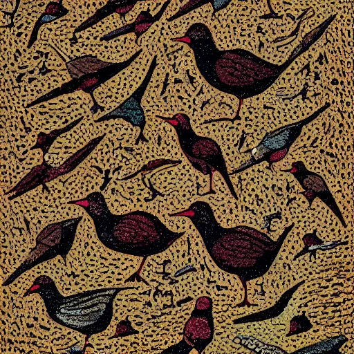 Prompt: an ear canal full of birds, 7 0 s palette, grainy, stipple, by muhammad fatchurofi,