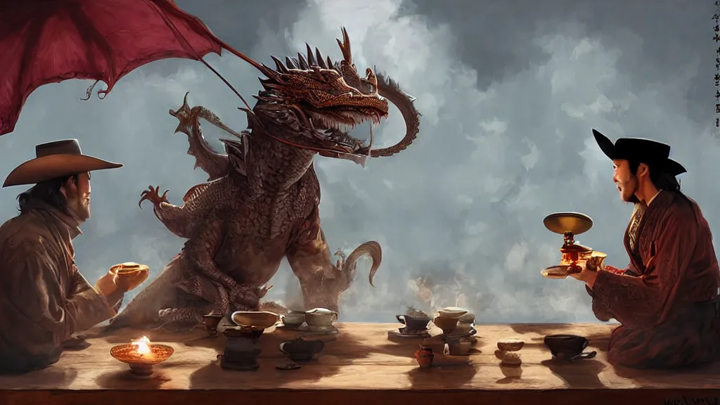 Prompt: Tea ceremony between a Western cowboy and a dragon, high fantasy concept art by Mark Winters