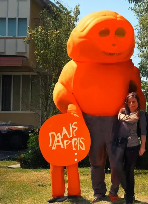 Image similar to giant orange glowing humanoid with a sign saying Daniel Aros