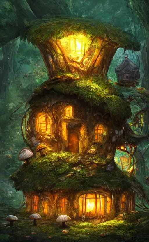 Image similar to a mushroom house in the middle of a forest at night, the lights are on, dynamic lighting, photorealistic fantasy concept art, trending on art station, stunning visuals, creative, cinematic, ultra detailed