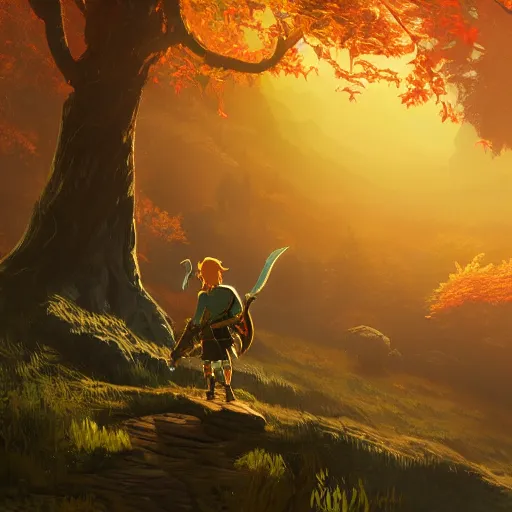 Prompt: A highly detailed 4K fantasy matte painting of Link from Zelda breath of the wild in a forest during the golden hour in autumn, volumetric sun rays and dust, Thomas Kinkade, ArtStation, CGSociety, Unreal Engine