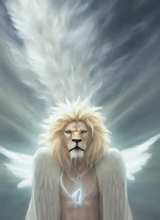 Image similar to religious portrait artwork of an albino male furry anthro lion with giant feathery glowing angel wings flying in the heavenly cloudy sky wearing a silky white cloak blowing in the wind, hazy and Atmospheric . Character design by charlie bowater, ross tran, artgerm, and makoto shinkai, detailed, inked, western comic book art, 2021 award winning film poster painting