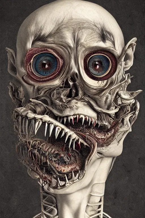 Image similar to Detailed maximalist portrait with large lips and with large white eyes, angry, exasperated expression, skeletal, HD mixed media, 3D collage, highly detailed and intricate, surreal illustration in the style of Caravaggio, dark art, baroque