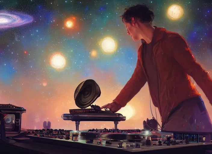 Image similar to Man djing under the galaxy, digital art, artstation, hyperrealistic, 4k, unreal engine, octane render, trending on artstation, art by Artgerm and Greg Rutkowski and Alphonse Mucha