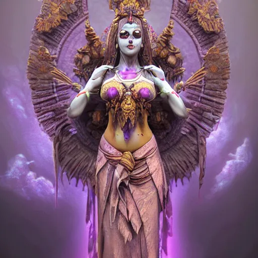 Image similar to a beautiful detailed 3d matte painting of female goddess of the dead, ominous, magical realism, texture, intricate, purple torn fabric, radiant colors, fantasy, trending on artstation, volumetric lighting, micro details, 3d sculpture, ray tracing