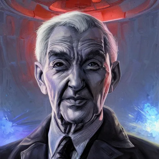 Prompt: marvel comic book style portrait painting of an old short thin man with a thin mean face, wearing a futuristic lab coat, standing in front of a computer simulation, sci - fi, intricate, elegant, highly detailed, digital painting, artstation, concept art, matte, sharp focus, illustration, art by artgerm and greg rutkowski and jim burns and alan lee