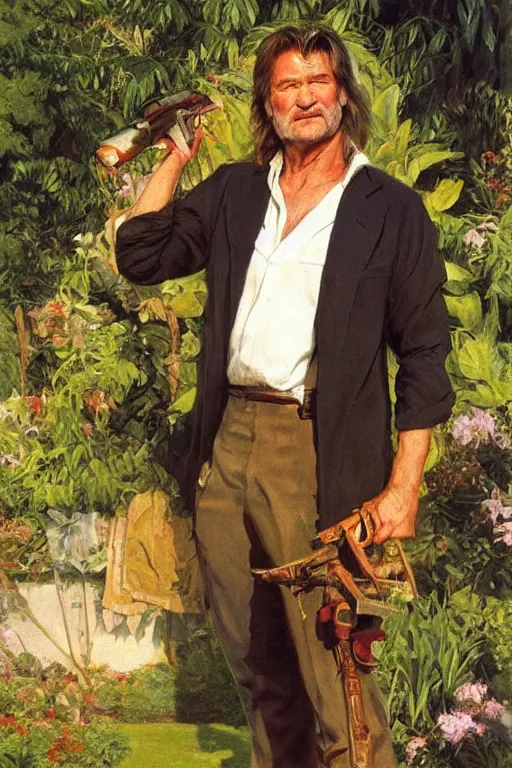 Prompt: Jack Burton, golden hour, in a garden, artstation, by J. C. Leyendecker and Peter Paul Rubens,