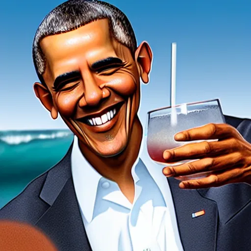 Prompt: obama surfing holding a drink, vacation photo, high detail realistic