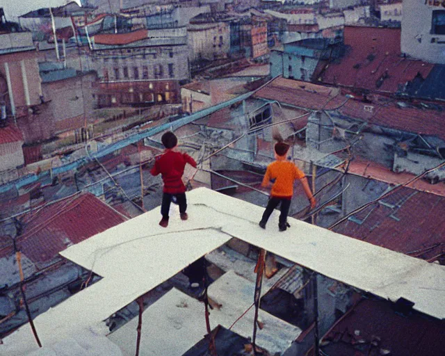 Image similar to lomo photo of roofjumpers climbing on roof of soviet hrushevka, small town, cinestill, bokeh, out of focus