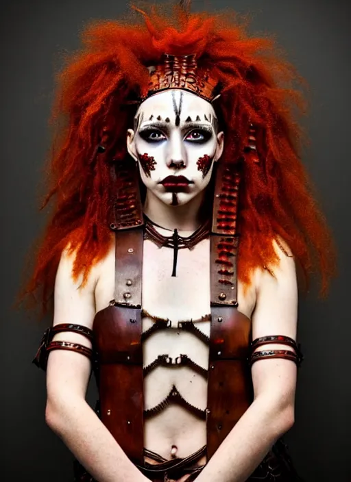 Image similar to a single fierce looking beautiful young woman warrior with curly red hair and symmetrical white makeup, wrapped in leather straps, wearing an intricate head dress made from bones and leather, painted by turner, intricate linework, radiant light, detailed and intricate environment