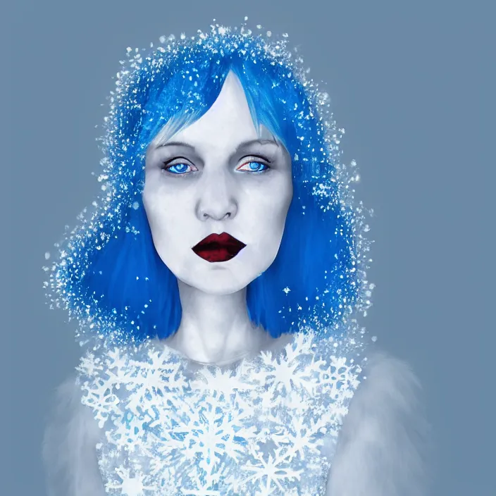 Image similar to a woman wearing a highneck dress made out of snowflakes. she is sickly looking and dying of hypothermia. very pale and blue lips. pale blue hair. full body digital portrait by maromi sagi