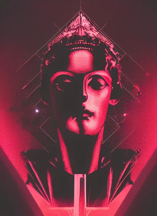 Image similar to black background with subtle red and purple design elements, mostly dark, statue of zeus, nekro, beeple, graphic design, collage art, thin lines, dark, glitch art, neo vaporwave, gritty, layout frame, square, trending on artstation