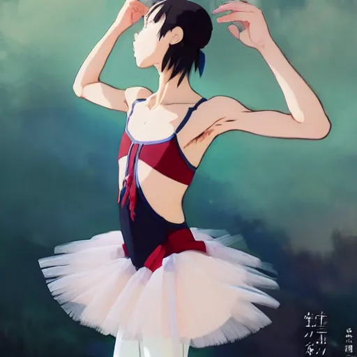 Image similar to a beautiful! boyish! ballerina alluring gravure! model, aztech street fashion oversized mayan tutu and leotard, with mayan patterns, gapmoe yandere grimdark, trending on pixiv fanbox, painted by greg rutkowski makoto shinkai takashi takeuchi studio ghibli, akihiko yoshida