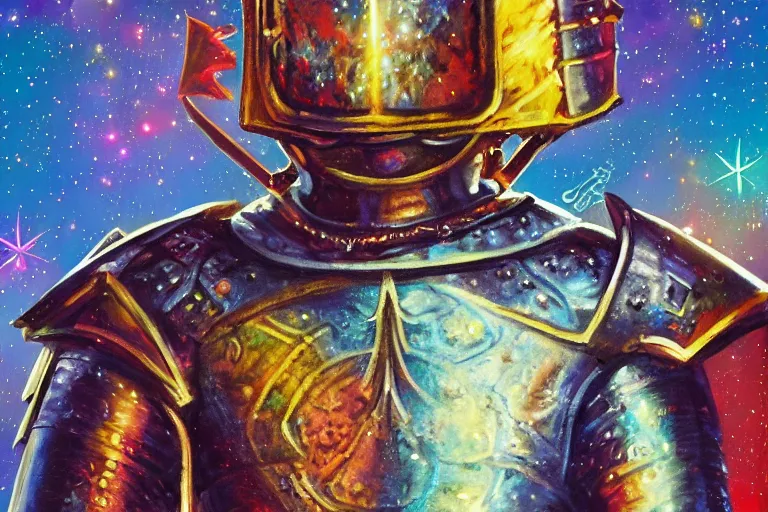 Image similar to digital art of a spiritual medieval knight wearing suit of armor looking up at the stars, acrylic art, universe, painting, pastel colors, synthwave, retro, cyberpunk,