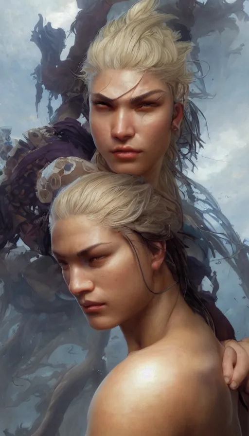 Image similar to epic masterpiece street fighter, sweaty skin, hyperrealistic, octane render, cinematic, beautiful face and flawless skin, perfect hands, 5 fingers, by Edgar Maxence and Ross Tran and Michael Whelan, Legends of Runeterra