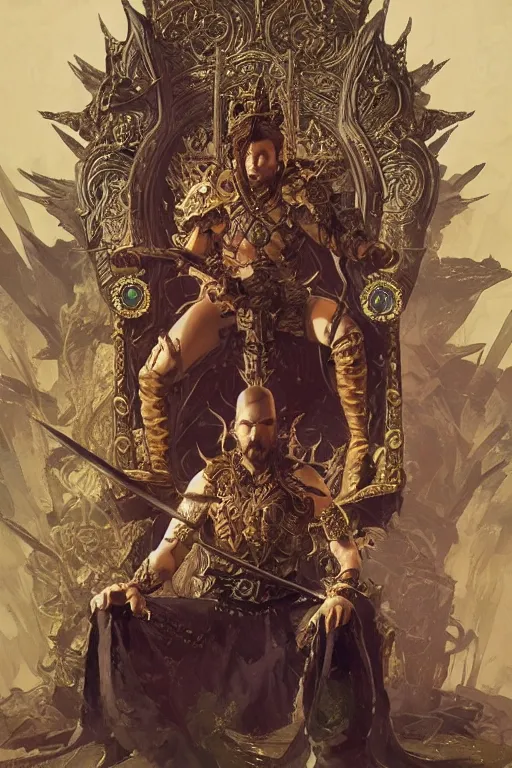 Image similar to warlord sitting on a throne, D&D, fantasy, intricate, highly detailed, digital painting, artstation, concept art, smooth, sharp focus, illustration, art by artgerm and greg rutkowski and alphonse mucha