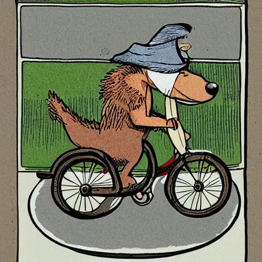 Prompt: illustration of a dog riding a bike in paris in the style of maurice sendak