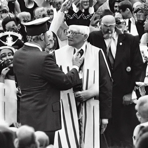 Prompt: Bernie Sanders being crowned King of the United States, everyone passes away from having too much food and healthcare, professional photography