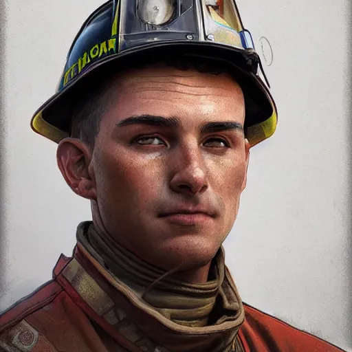Image similar to portrait of a male firefighter wearing a firefighter suit, bruised, covered in dirt, confident and proud, intricate, headshot, highly detailed, digital painting, artstation, concept art, sharp focus, cinematic lighting, illustration, art by artgerm and greg rutkowski, alphonse mucha, cgsociety