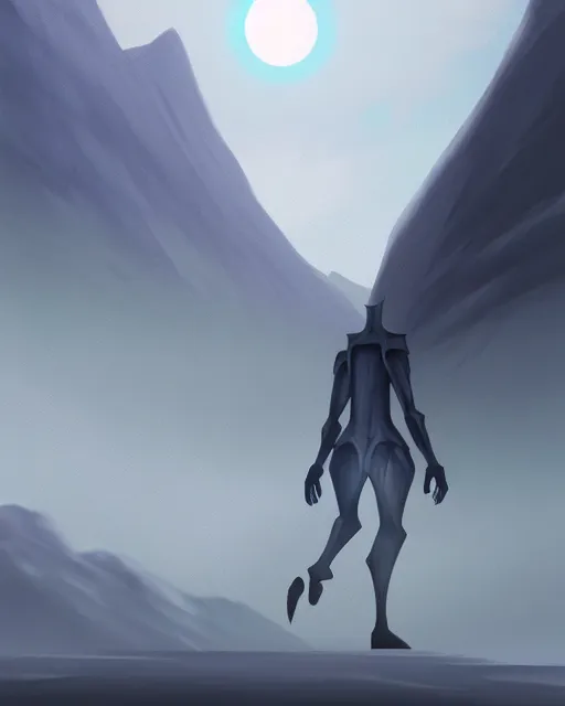 Prompt: concept art for a tall smooth, sleek kaiju creature, walking through a mountain range, fog, mountains in the distance | | epic - fine - clean, polished, trending on artstation, anime style, brush strokes